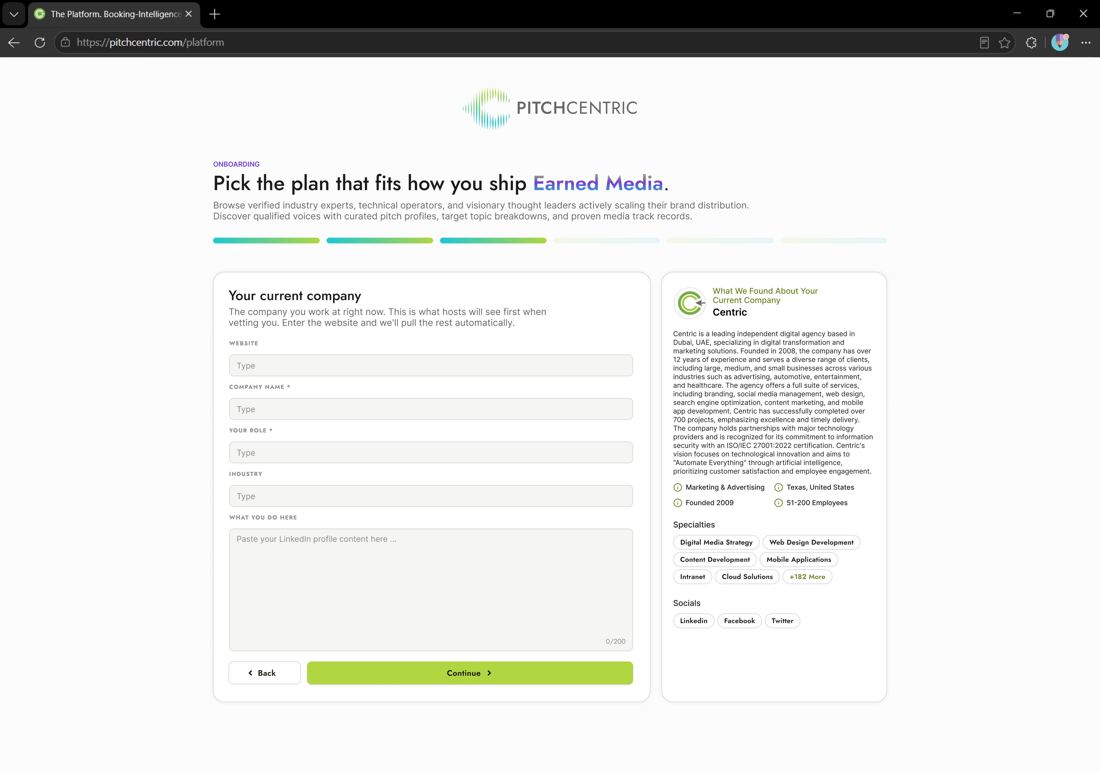 PitchCentric onboarding, filling in your current company so hosts see the right profile